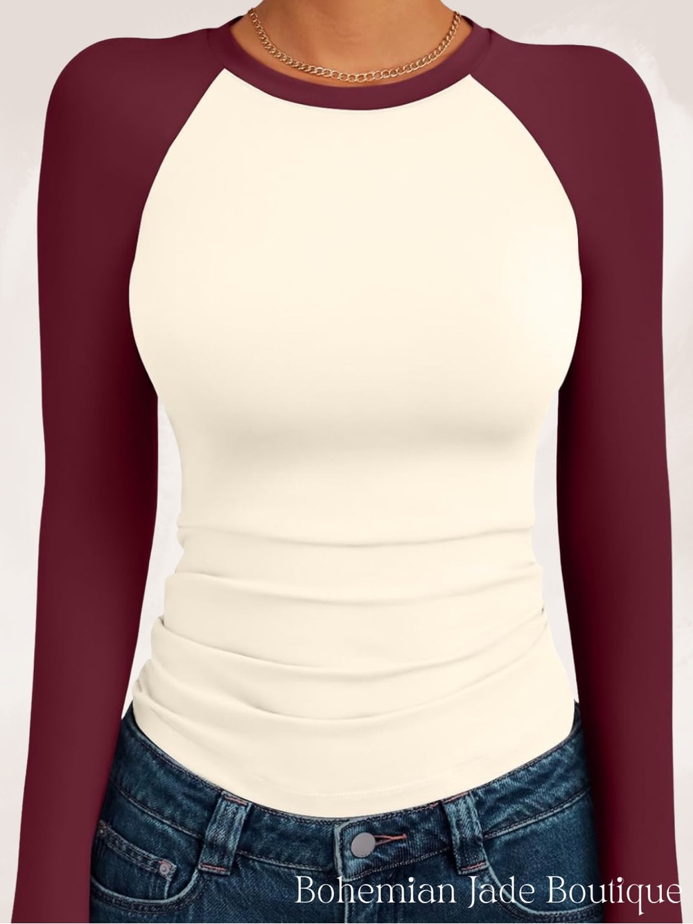 Trendy Queen Baseball Tee Women’s Large Burgundy Ivory Long Sleeve Fitted Raglan